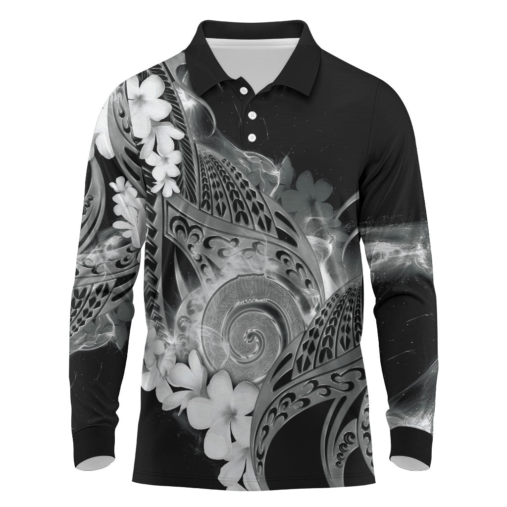 Piko Hawaiian Long Sleeve Polo Shirt Monochrome Galaxy Spiral Plumeria Tribal Patterns DT05 Black - Polynesian Pride