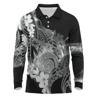 Piko Hawaiian Long Sleeve Polo Shirt Monochrome Galaxy Spiral Plumeria Tribal Patterns DT05 Black - Polynesian Pride