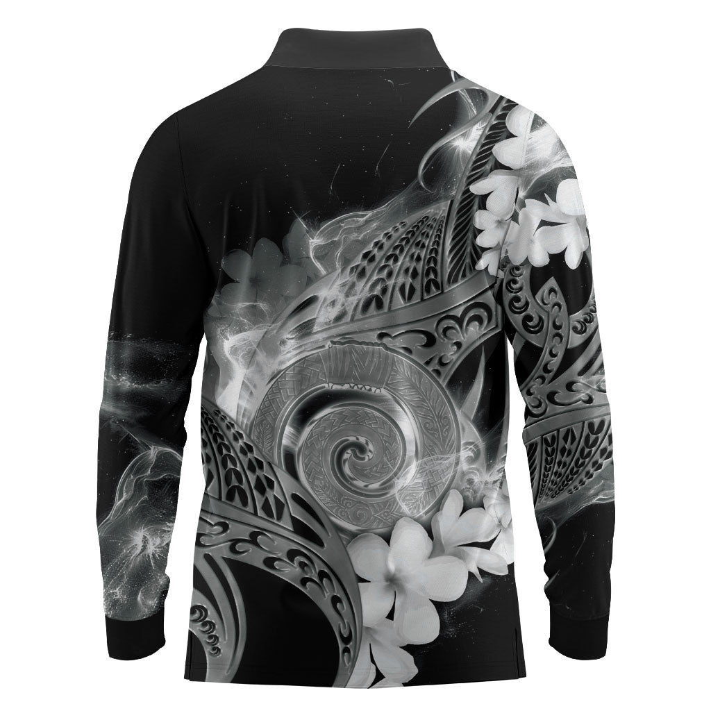 Piko Hawaiian Long Sleeve Polo Shirt Monochrome Galaxy Spiral Plumeria Tribal Patterns DT05 - Polynesian Pride