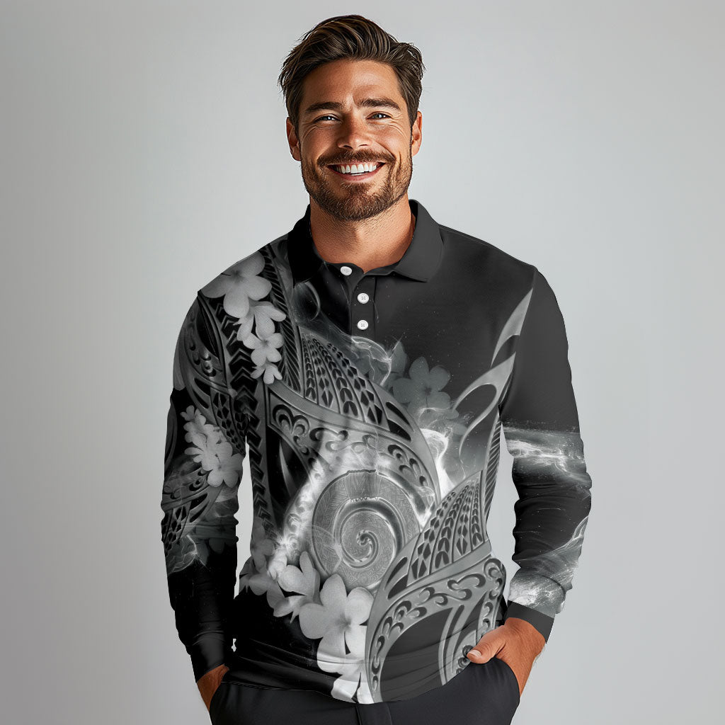 Piko Hawaiian Long Sleeve Polo Shirt Monochrome Galaxy Spiral Plumeria Tribal Patterns DT05 - Polynesian Pride