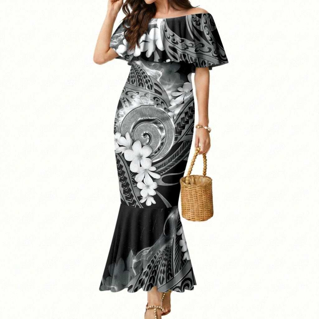 Piko Hawaiian Mermaid Dress Monochrome Galaxy Spiral Plumeria Tribal Patterns DT05 Women Black - Polynesian Pride