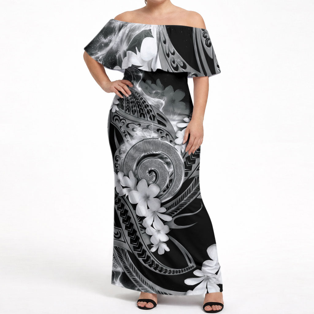 Piko Hawaiian Off Shoulder Maxi Dress Monochrome Galaxy Spiral Plumeria Tribal Patterns DT05 Women Black - Polynesian Pride