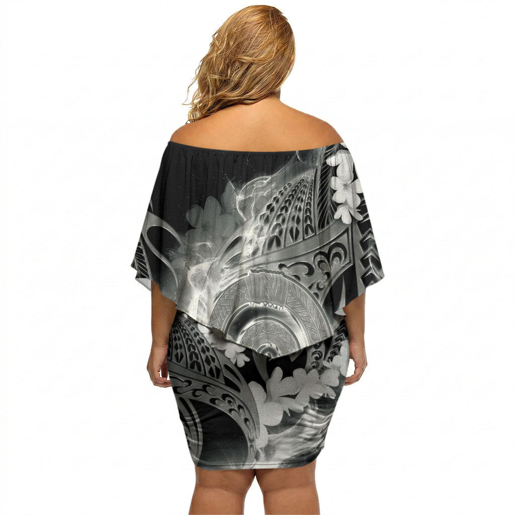 Piko Hawaiian Off Shoulder Short Dress Monochrome Galaxy Spiral Plumeria Tribal Patterns DT05 - Polynesian Pride