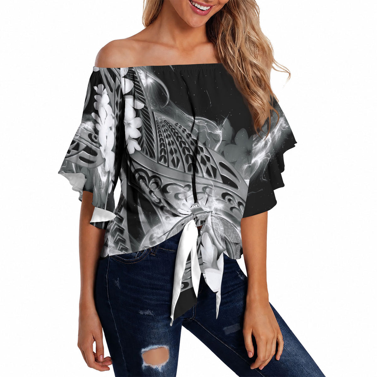 Piko Hawaiian Off Shoulder Wrap Waist Top Monochrome Galaxy Spiral Plumeria Tribal Patterns DT05 - Polynesian Pride