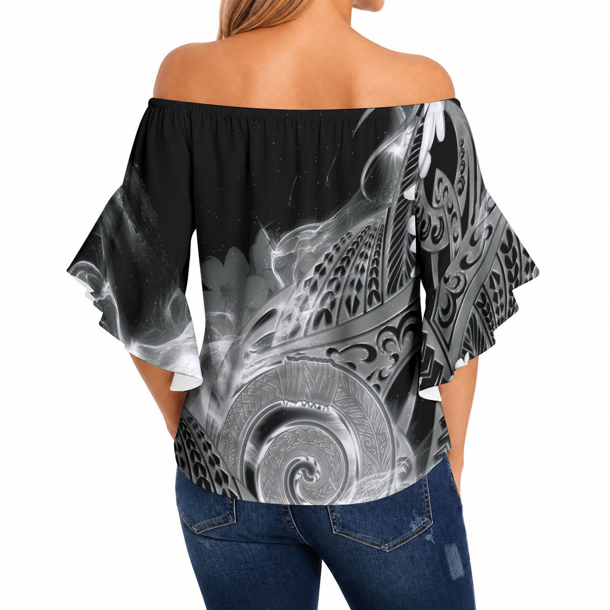 Piko Hawaiian Off Shoulder Wrap Waist Top Monochrome Galaxy Spiral Plumeria Tribal Patterns DT05 - Polynesian Pride