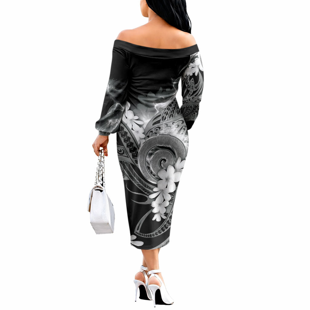 Piko Hawaiian Off The Shoulder Long Sleeve Dress Monochrome Galaxy Spiral Plumeria Tribal Patterns DT05 - Polynesian Pride