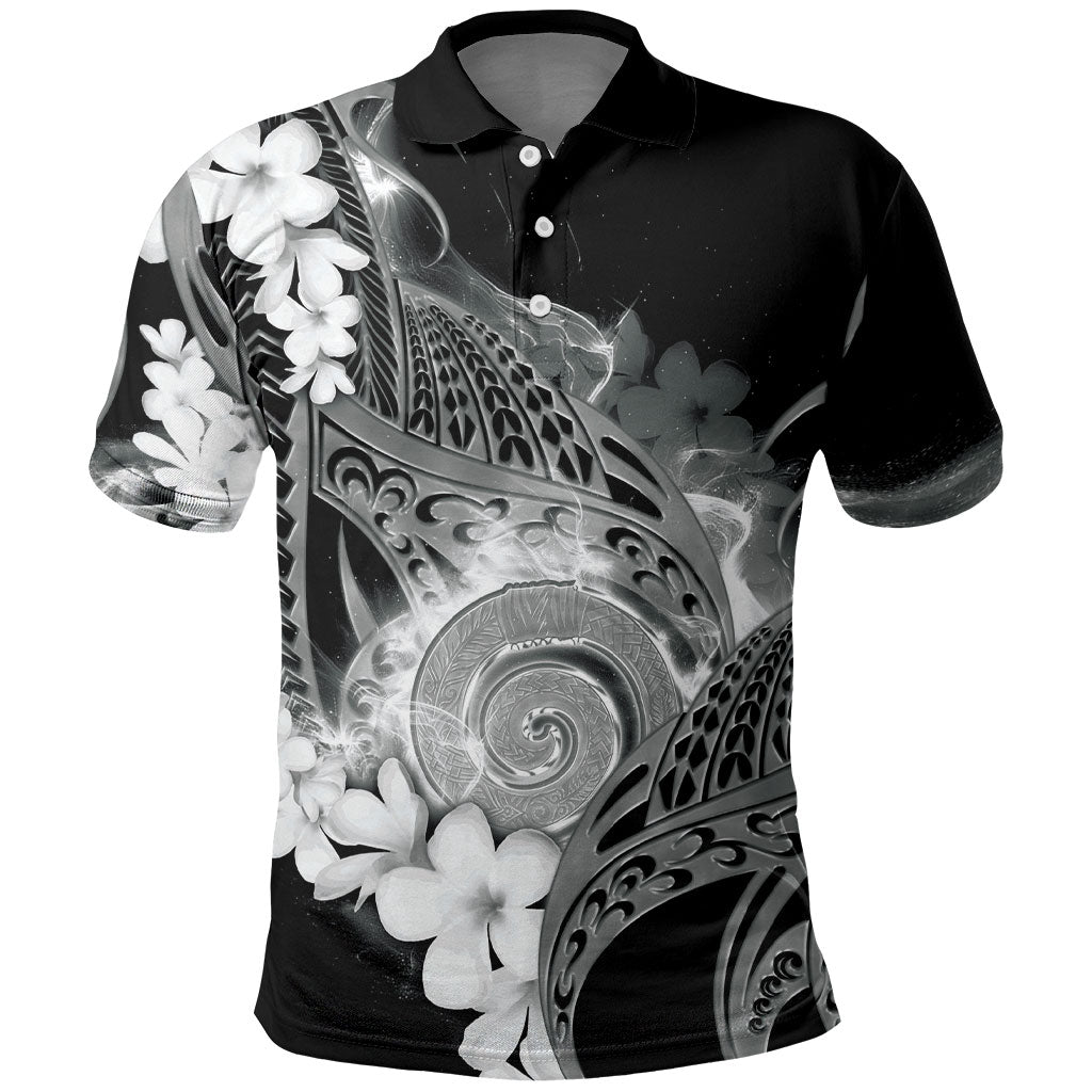 Piko Hawaiian Polo Shirt Monochrome Galaxy Spiral Plumeria Tribal Patterns DT05 Black - Polynesian Pride