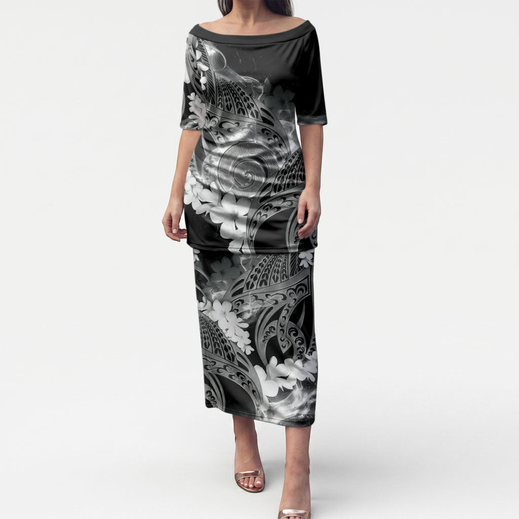 Piko Hawaiian Puletasi Monochrome Galaxy Spiral Plumeria Tribal Patterns DT05 Long Dress Black - Polynesian Pride