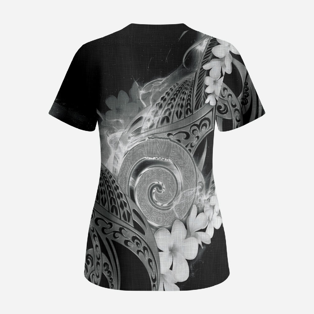 Piko Hawaiian Scrub Top Monochrome Galaxy Spiral Plumeria Tribal Patterns DT05 - Polynesian Pride