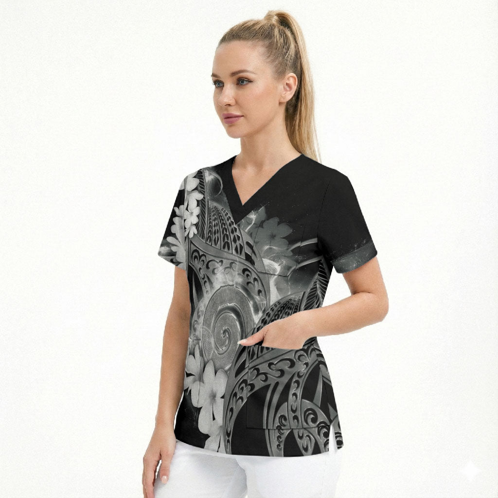 Piko Hawaiian Scrub Top Monochrome Galaxy Spiral Plumeria Tribal Patterns DT05 - Polynesian Pride