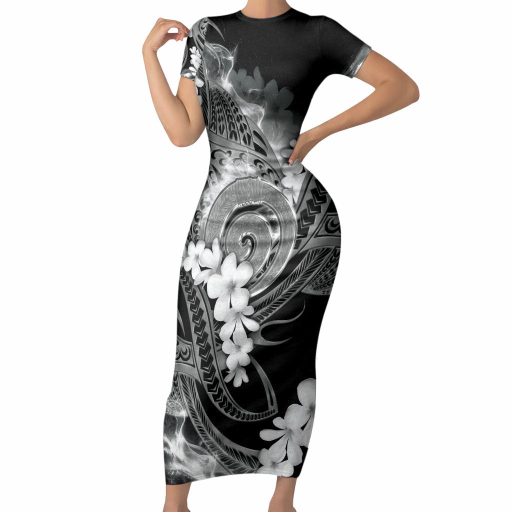 Piko Hawaiian Short Sleeve Bodycon Dress Monochrome Galaxy Spiral Plumeria Tribal Patterns DT05 Long Dress Black - Polynesian Pride