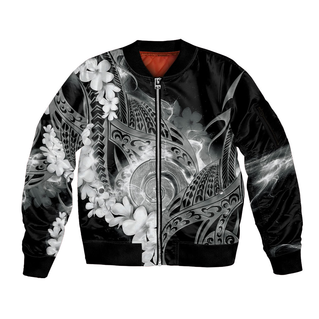 Piko Hawaiian Sleeve Zip Bomber Jacket Monochrome Galaxy Spiral Plumeria Tribal Patterns DT05 Unisex Black - Polynesian Pride