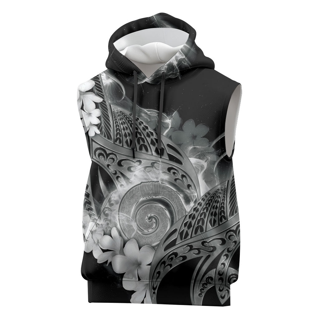Piko Hawaiian Sleeveless Hoodie Monochrome Galaxy Spiral Plumeria Tribal Patterns DT05 Black - Polynesian Pride