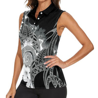 Piko Hawaiian Women Sleeveless Polo Shirt Monochrome Galaxy Spiral Plumeria Tribal Patterns DT05 - Polynesian Pride
