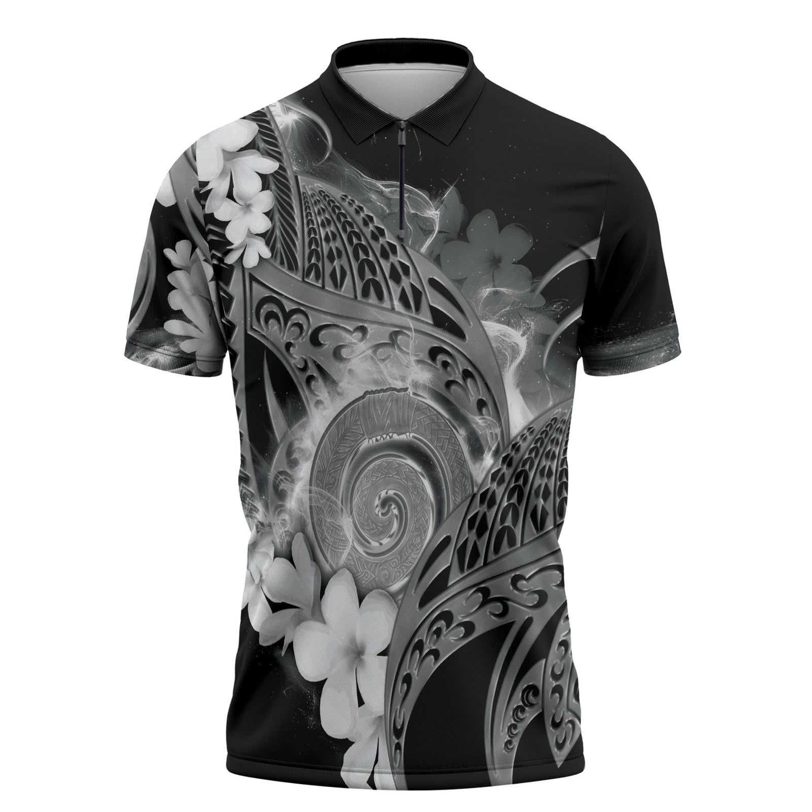 Piko Hawaiian Zipper Polo Shirt Monochrome Galaxy Spiral Plumeria Tribal Patterns DT05 Black - Polynesian Pride