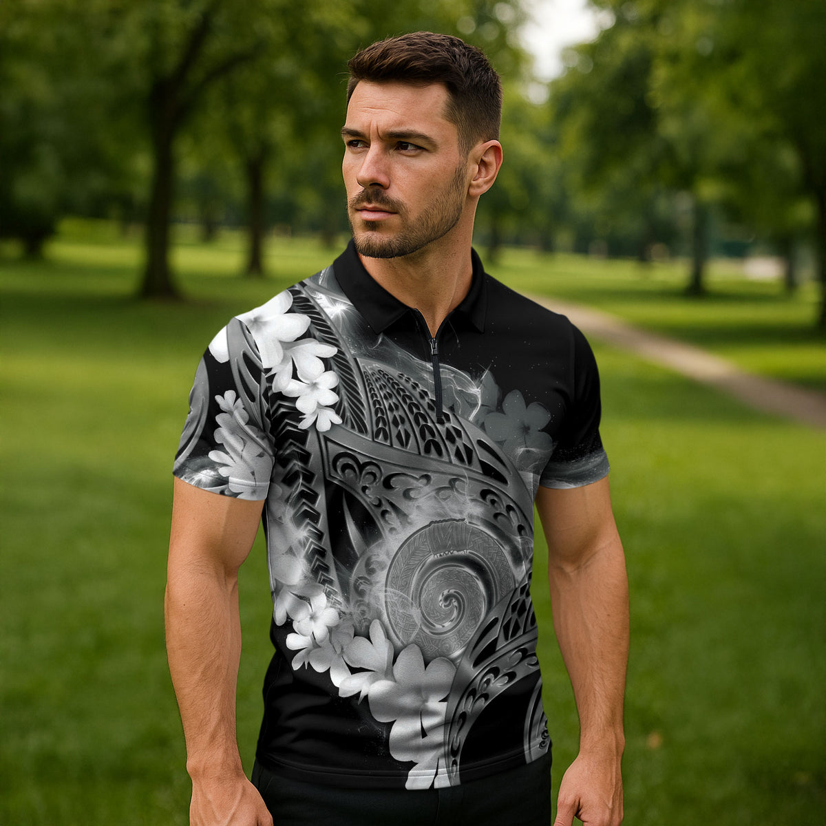 Piko Hawaiian Zipper Polo Shirt Monochrome Galaxy Spiral Plumeria Tribal Patterns DT05 - Polynesian Pride