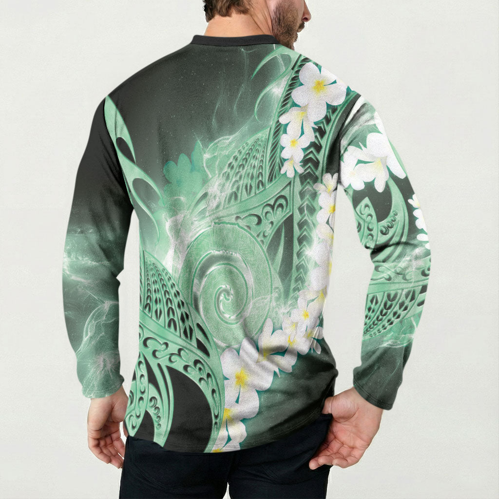 Piko Hawaiian Button Sweatshirt Green Galaxy Spiral Plumeria Tribal Patterns DT05 - Polynesian Pride