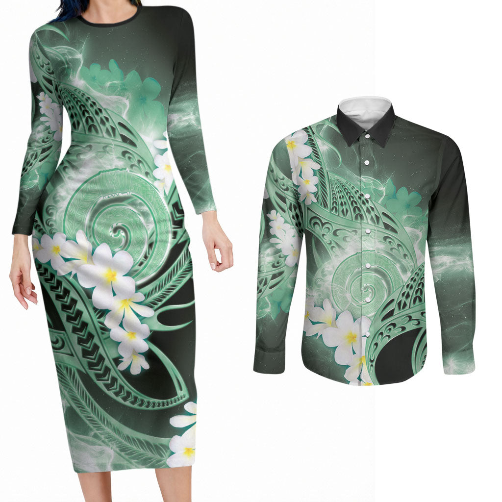 Piko Hawaiian Couples Matching Long Sleeve Bodycon Dress and Long Sleeve Button Shirt Green Galaxy Spiral Plumeria Tribal Patterns DT05 Green - Polynesian Pride