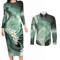 Piko Hawaiian Couples Matching Long Sleeve Bodycon Dress and Long Sleeve Button Shirt Green Galaxy Spiral Plumeria Tribal Patterns DT05 Green - Polynesian Pride