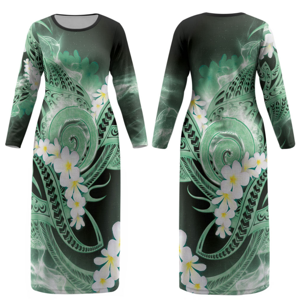 Piko Hawaiian Couples Matching Long Sleeve Bodycon Dress and Long Sleeve Button Shirt Green Galaxy Spiral Plumeria Tribal Patterns DT05 - Polynesian Pride