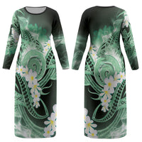 Piko Hawaiian Couples Matching Long Sleeve Bodycon Dress and Long Sleeve Button Shirt Green Galaxy Spiral Plumeria Tribal Patterns DT05 - Polynesian Pride