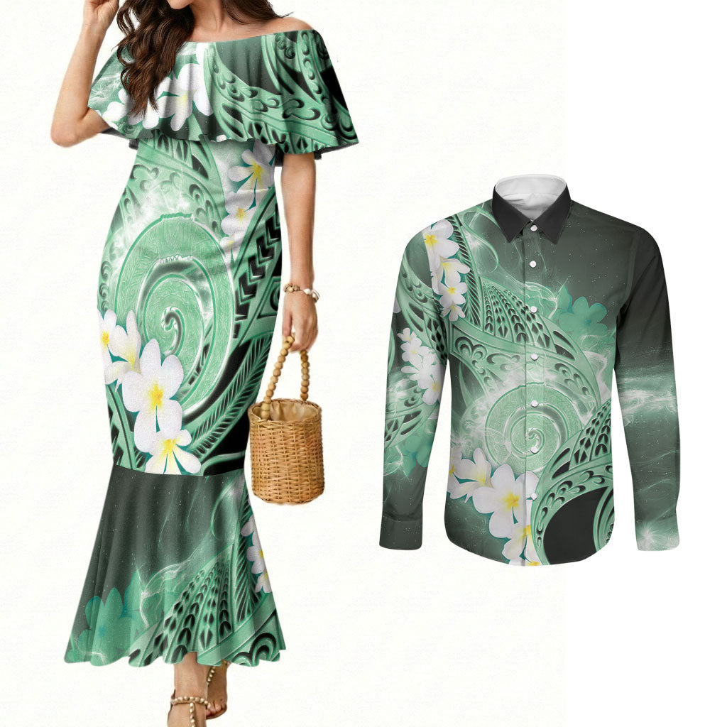 Piko Hawaiian Couples Matching Mermaid Dress and Long Sleeve Button Shirt Green Galaxy Spiral Plumeria Tribal Patterns DT05 Green - Polynesian Pride