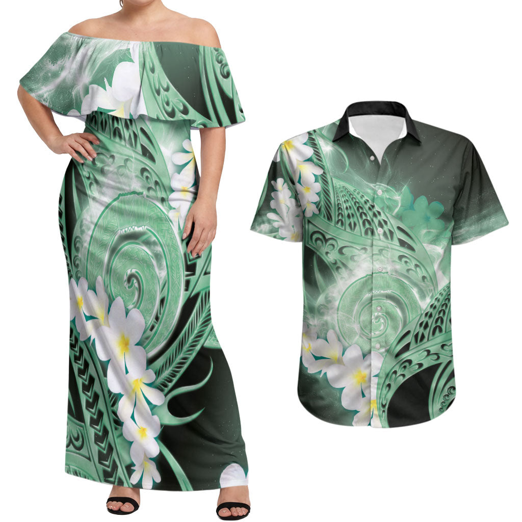 Piko Hawaiian Couples Matching Off Shoulder Maxi Dress and Hawaiian Shirt Green Galaxy Spiral Plumeria Tribal Patterns DT05 Green - Polynesian Pride