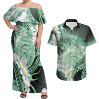Piko Hawaiian Couples Matching Off Shoulder Maxi Dress and Hawaiian Shirt Green Galaxy Spiral Plumeria Tribal Patterns DT05 Green - Polynesian Pride