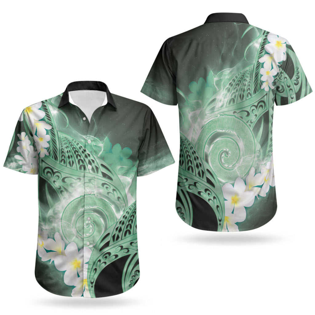 Piko Hawaiian Couples Matching Off Shoulder Maxi Dress and Hawaiian Shirt Green Galaxy Spiral Plumeria Tribal Patterns DT05 - Polynesian Pride