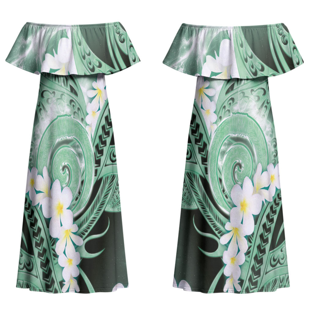 Piko Hawaiian Couples Matching Off Shoulder Maxi Dress and Hawaiian Shirt Green Galaxy Spiral Plumeria Tribal Patterns DT05 - Polynesian Pride