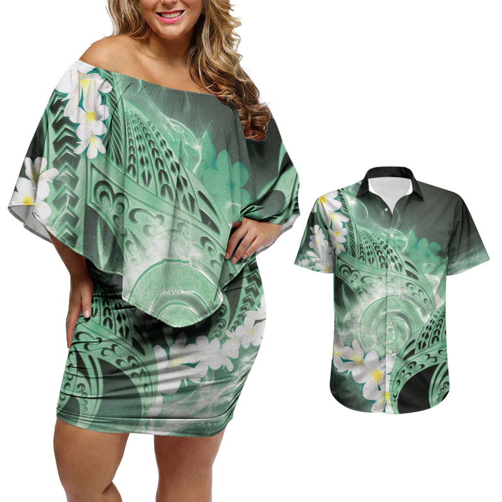 Piko Hawaiian Couples Matching Off Shoulder Short Dress and Hawaiian Shirt Green Galaxy Spiral Plumeria Tribal Patterns DT05 Green - Polynesian Pride