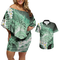 Piko Hawaiian Couples Matching Off Shoulder Short Dress and Hawaiian Shirt Green Galaxy Spiral Plumeria Tribal Patterns DT05 Green - Polynesian Pride