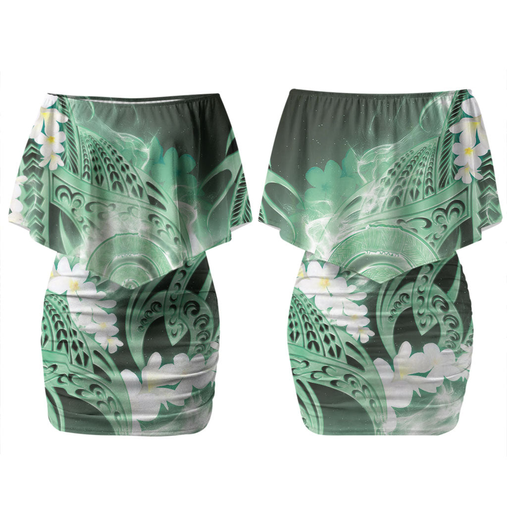 Piko Hawaiian Couples Matching Off Shoulder Short Dress and Hawaiian Shirt Green Galaxy Spiral Plumeria Tribal Patterns DT05 - Polynesian Pride