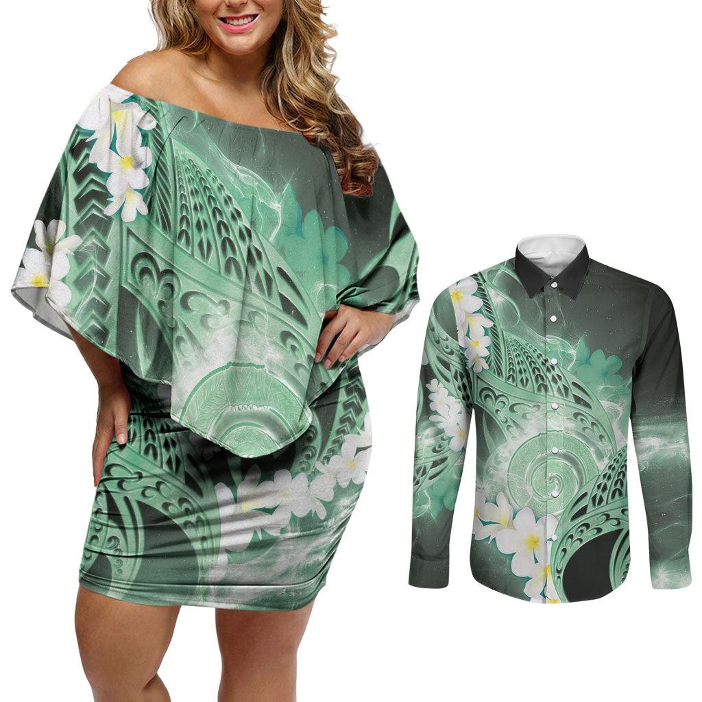 Piko Hawaiian Couples Matching Off Shoulder Short Dress and Long Sleeve Button Shirt Green Galaxy Spiral Plumeria Tribal Patterns DT05 Green - Polynesian Pride