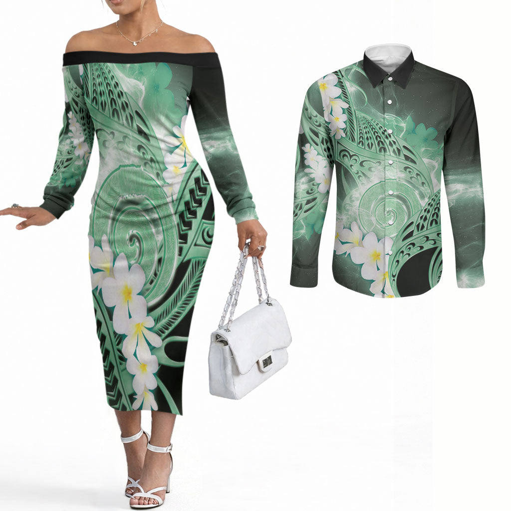Piko Hawaiian Couples Matching Off The Shoulder Long Sleeve Dress and Long Sleeve Button Shirt Green Galaxy Spiral Plumeria Tribal Patterns DT05 Green - Polynesian Pride