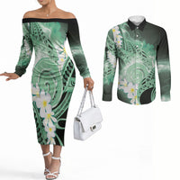 Piko Hawaiian Couples Matching Off The Shoulder Long Sleeve Dress and Long Sleeve Button Shirt Green Galaxy Spiral Plumeria Tribal Patterns DT05 Green - Polynesian Pride