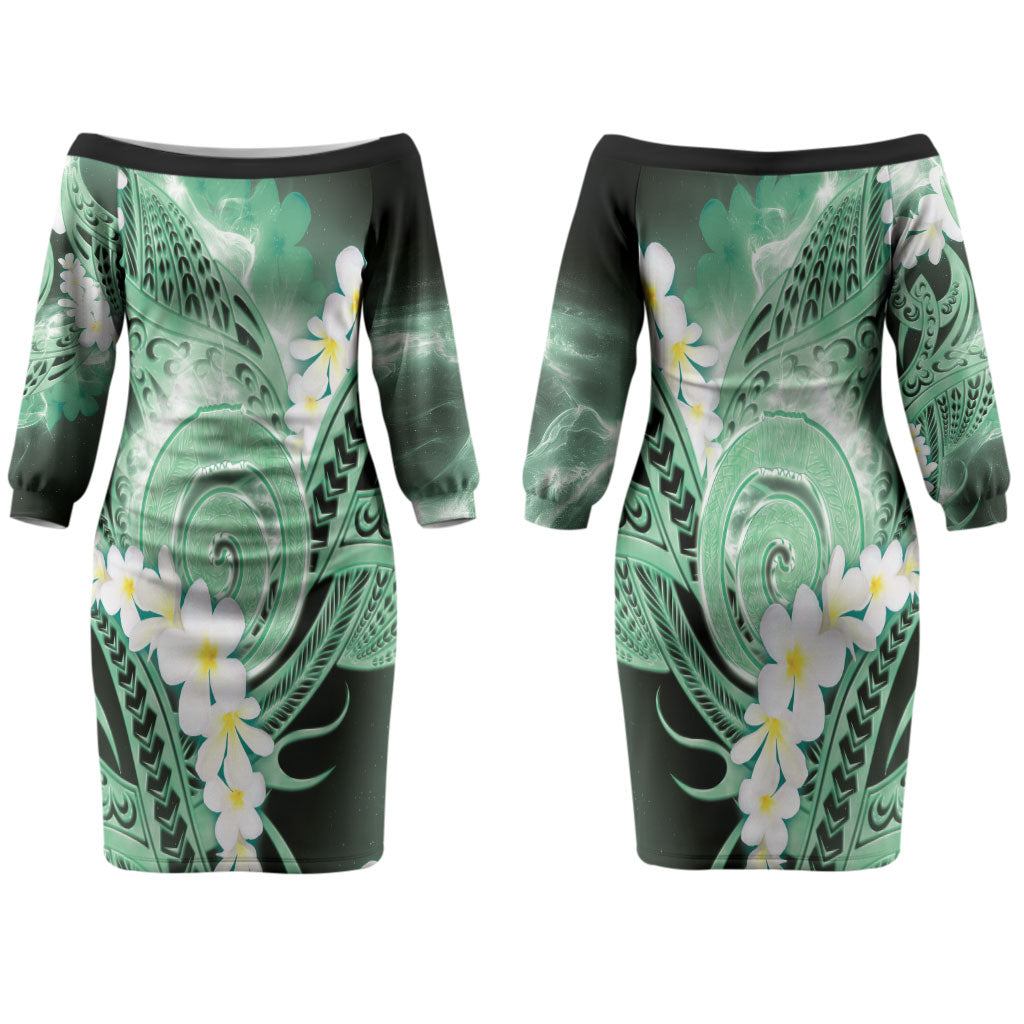 Piko Hawaiian Couples Matching Off The Shoulder Long Sleeve Dress and Long Sleeve Button Shirt Green Galaxy Spiral Plumeria Tribal Patterns DT05 - Polynesian Pride