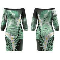 Piko Hawaiian Couples Matching Off The Shoulder Long Sleeve Dress and Long Sleeve Button Shirt Green Galaxy Spiral Plumeria Tribal Patterns DT05 - Polynesian Pride