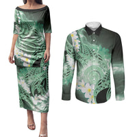 Piko Hawaiian Couples Matching Puletasi and Long Sleeve Button Shirt Green Galaxy Spiral Plumeria Tribal Patterns DT05 Green - Polynesian Pride