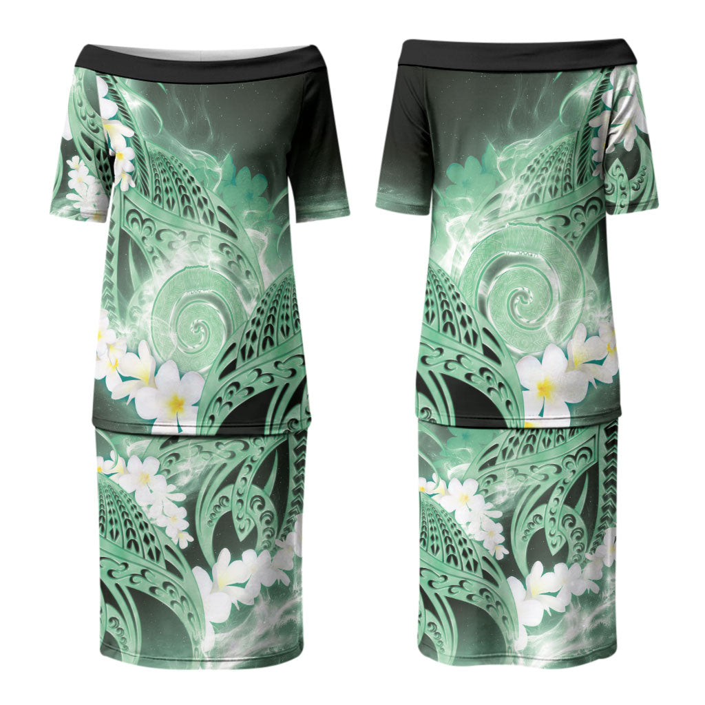 Piko Hawaiian Couples Matching Puletasi and Long Sleeve Button Shirt Green Galaxy Spiral Plumeria Tribal Patterns DT05 - Polynesian Pride