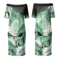 Piko Hawaiian Couples Matching Puletasi and Long Sleeve Button Shirt Green Galaxy Spiral Plumeria Tribal Patterns DT05 - Polynesian Pride