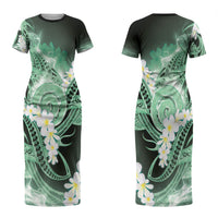 Piko Hawaiian Couples Matching Short Sleeve Bodycon Dress and Long Sleeve Button Shirt Green Galaxy Spiral Plumeria Tribal Patterns DT05 - Polynesian Pride
