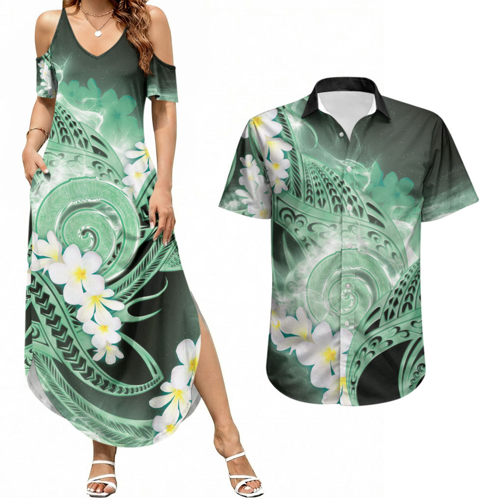Piko Hawaiian Couples Matching Summer Maxi Dress and Hawaiian Shirt Green Galaxy Spiral Plumeria Tribal Patterns DT05 Green - Polynesian Pride