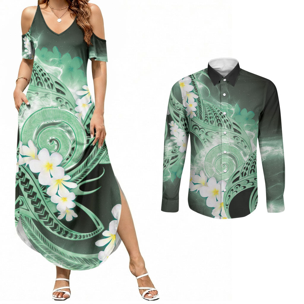 Piko Hawaiian Couples Matching Summer Maxi Dress and Long Sleeve Button Shirt Green Galaxy Spiral Plumeria Tribal Patterns DT05 Green - Polynesian Pride