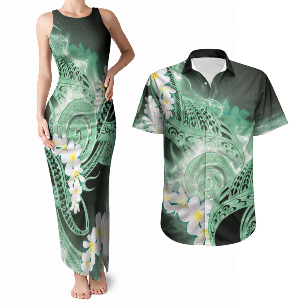 Piko Hawaiian Couples Matching Tank Maxi Dress and Hawaiian Shirt Green Galaxy Spiral Plumeria Tribal Patterns DT05 Green - Polynesian Pride