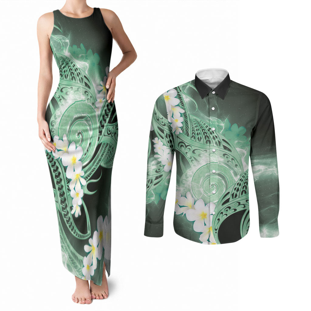 Piko Hawaiian Couples Matching Tank Maxi Dress and Long Sleeve Button Shirt Green Galaxy Spiral Plumeria Tribal Patterns DT05 Green - Polynesian Pride