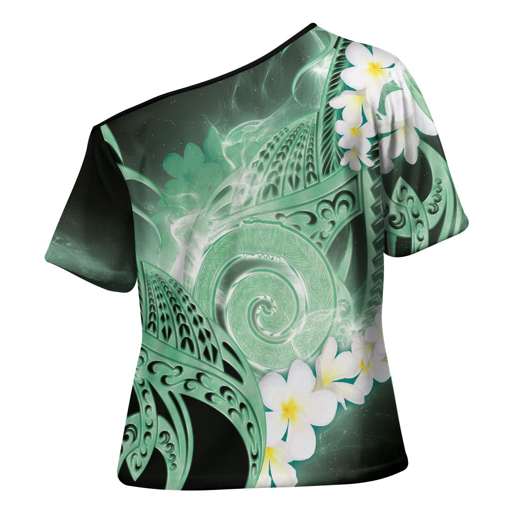 Piko Hawaiian Cross Shoulder Shirt Green Galaxy Spiral Plumeria Tribal Patterns DT05 - Polynesian Pride