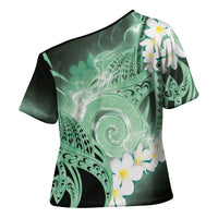 Piko Hawaiian Cross Shoulder Shirt Green Galaxy Spiral Plumeria Tribal Patterns DT05 - Polynesian Pride