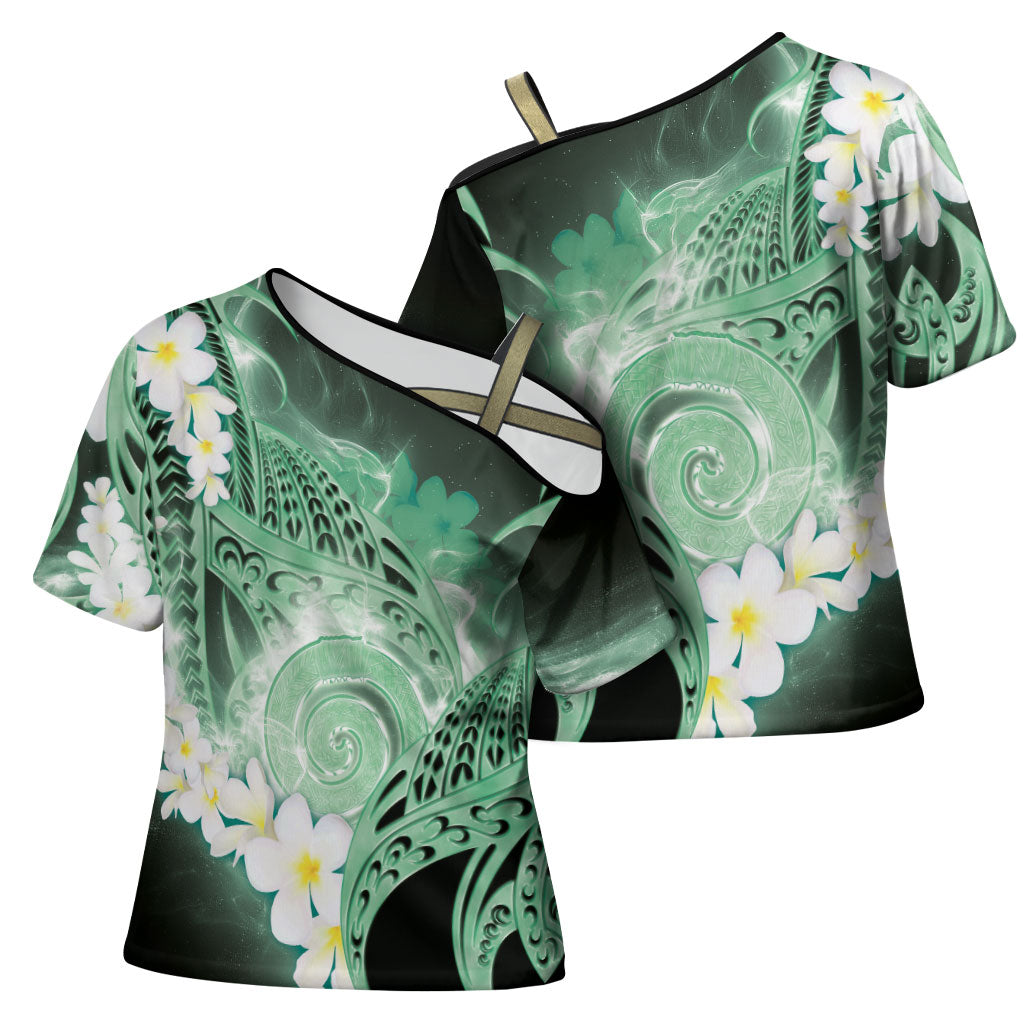 Piko Hawaiian Cross Shoulder Shirt Green Galaxy Spiral Plumeria Tribal Patterns DT05 - Polynesian Pride