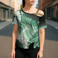 Piko Hawaiian Cross Shoulder Shirt Green Galaxy Spiral Plumeria Tribal Patterns DT05 - Polynesian Pride